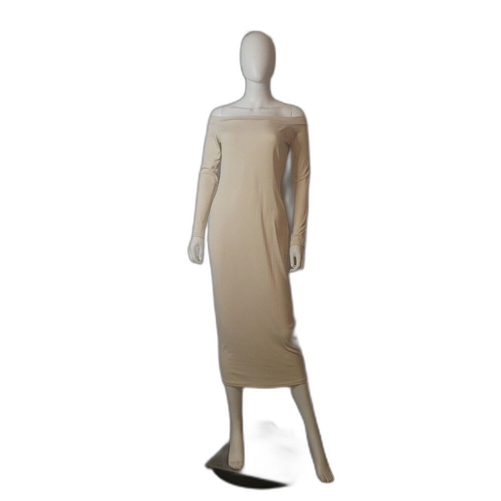 SHEIN Nude Ribbed Long Sleeve Off The Shoulder Maxi Dress Size Petite XS